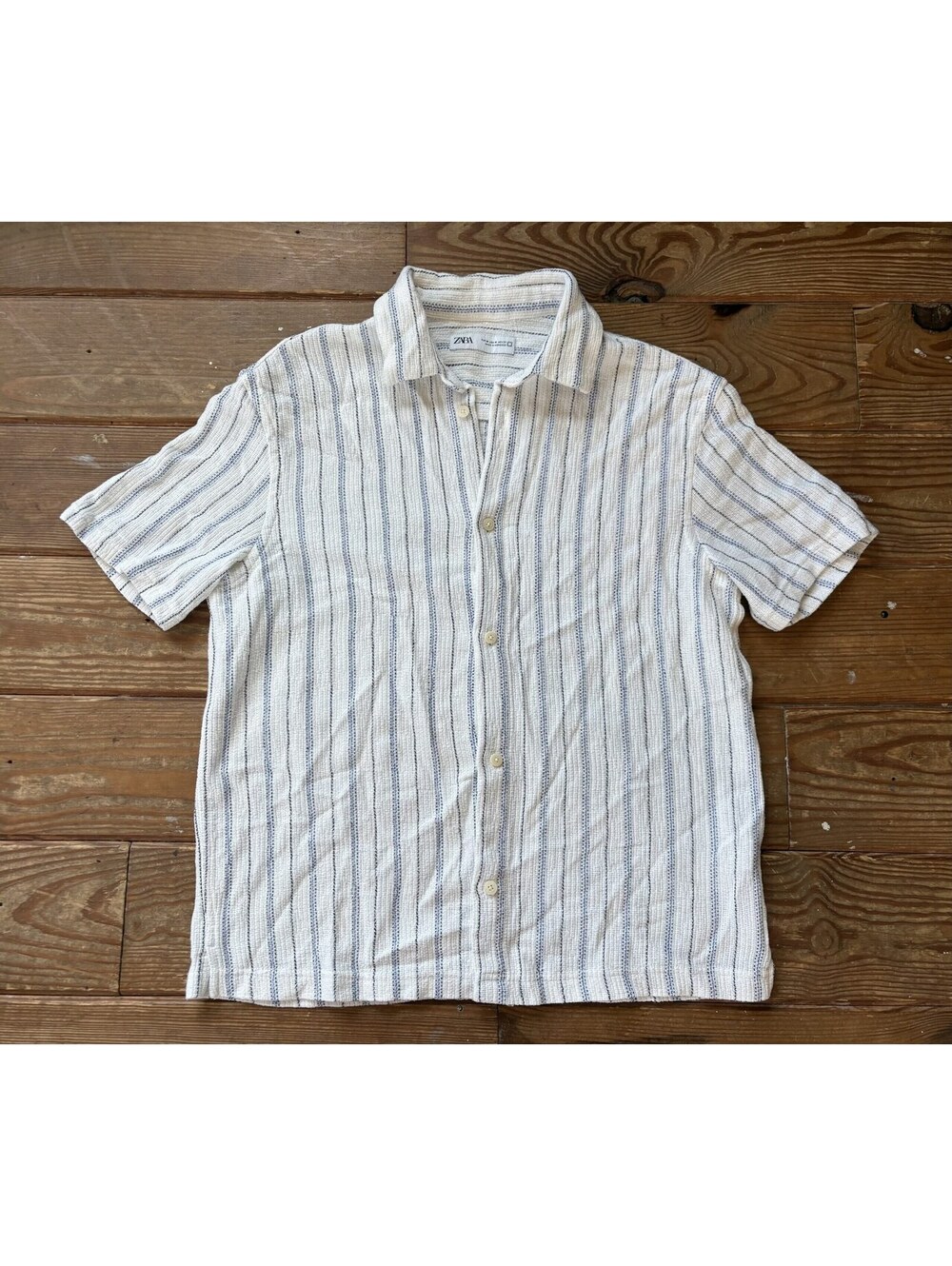 Zara M Striped Textured Short Sleeve Button Up Shirt Cotton Blend